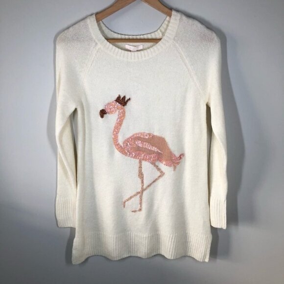 LC Lauren Conrad Ivory Knit Tunic Sweater with Flamingo Size  XS - Picture 2 of 7
